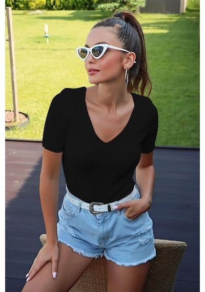 Aqe Fashion V Yaka Kısa Kol Siyah Bluz Siyah