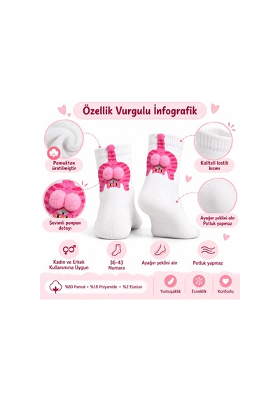 Genel Kadın Beyaz Pembe Kedi Desenli Ponponlu Soket Çorap Sevimli 3d Kedi Figürlü Eğlenc Beyaz / 36-40