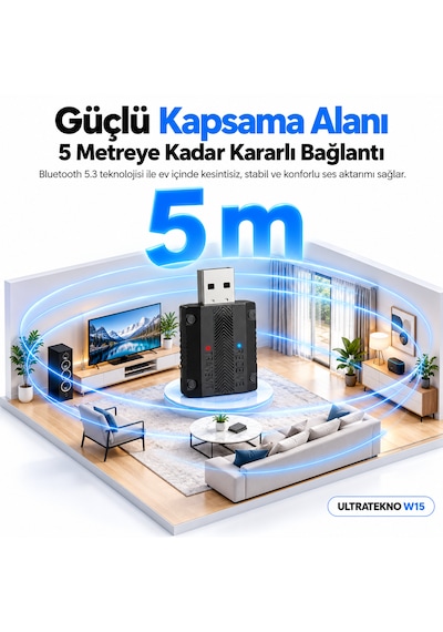 W15 Bluetooth 5.3 2'si 1 Arada Ses Alıcı Verici Rx Tx 3.5mm Aux Usb Adaptör Araç Tv Pc Hoparlör Kulaklık