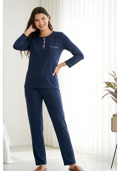 Aura Collections Kadın Pamuklu Uzun Kollu Üç Düğmeli Biyeli Soft Örme Pijama Takımı Lacivert