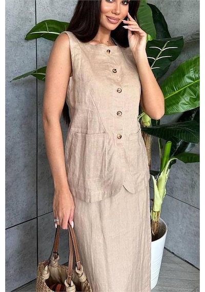 Neşeli Butik Kadın Keten Etek Yelek Alt Üst İkili Takım Nbemp1072 Vizon