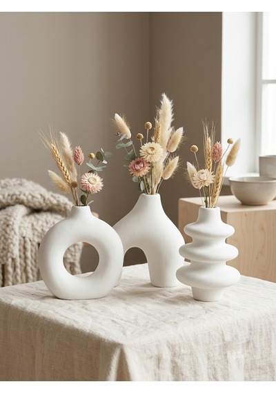 Kaveld Trio Forma El Yapımı 3'lü Dekoratif Vazo Seti, Kemer + Yığma Halka + Donut Form Mermer Tozu & Beton Minimalist Kuru Çiçek Vazosu Beyaz Kaveld Trio Forma El Yapımı 3'lü Dekoratif Vazo Seti, Kemer + Yığma Halka + Donut Form Mermer Tozu & Beton Minimalist Kuru Çiçek Vazosu Beyaz