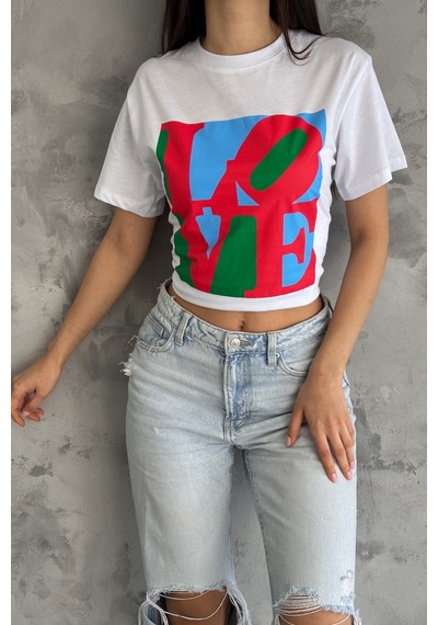 Femelle Kadın Beyaz Love Baskılı Pamuk Tişört