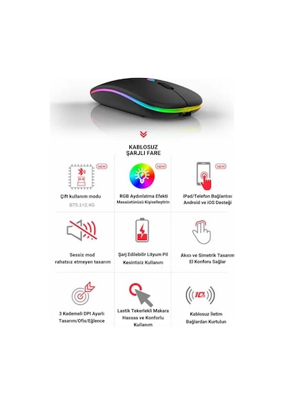 Coofbe Rgb Işıklı Ayarlanabilir 3dpı Şarjlı Sessiz 2.4g+kablosuz Bluetooth Mouse Laptop Tablet Uyumlu