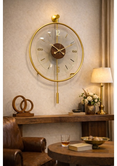 Metaquartz Aksesuar Masif - Luxry Şefaf Tamperli Kırılmaz Cam - 50 Çap - Quartz Mekanizma - Metal Duvar Saati Gold