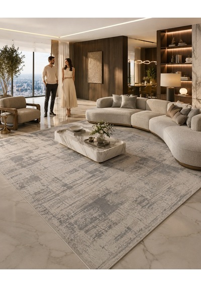 Beliz Viskon Krem Gri Soyut Desenli Tüylenme Yapmayan Toz Tutmaz Premium Salon Halısı 634 Çok Renkli