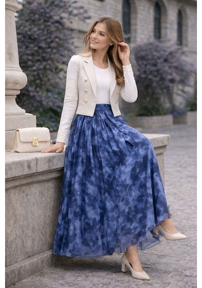 Hira Life Fashion Asimetrik Kesim Etnik Desen Ve Beli Lastikli İçi Astarlı Tül Etek Mavi Mavi Hira Life Fashion Asimetrik Kesim Etnik Desen Ve Beli Lastikli İçi Astarlı Tül Etek Mavi Mavi