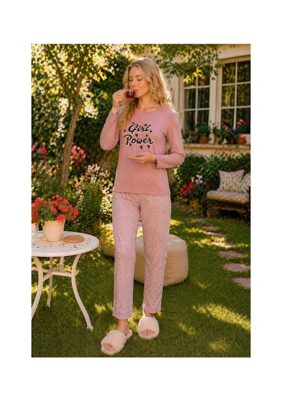 Rindahomewear Kadın Gırl Power Baskılı Süprem Uzun Kol Pijama Takımı Murdum2