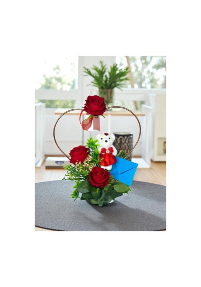 Rose Gold Metal Kalp Çerçeveli Ayıcık Ve Gül Hediyelik Aranjman
