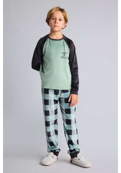 Defacto Baskılı Uzun Kollu Üst Ekose Desenli Ekose Kadife Alt 2li Pijama Takımı Erkek Çocuk I2477a826cwgn1129 Yeşil-gn1129