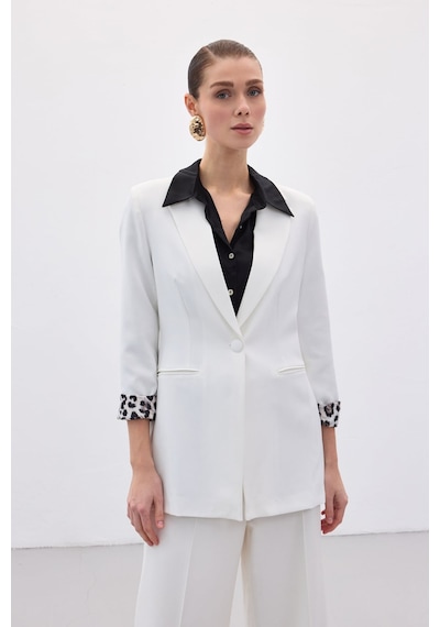 Sateen Mono Yaka Klasik Ceket - Ekru-siyah-136607 Ekru - Siyah