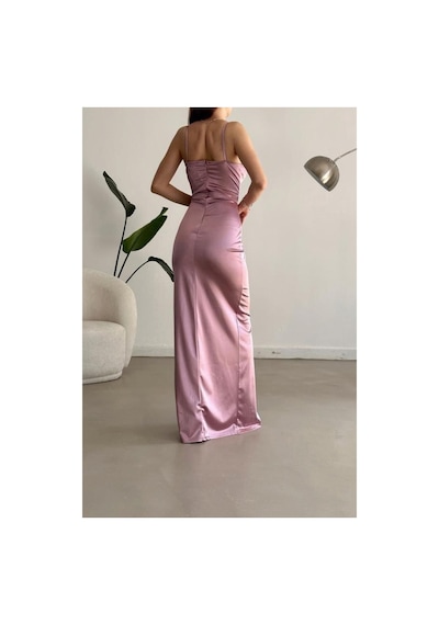 DefyModa Kadın Şık Model Saten Kumaş V Yaka Yırtmaçlı Askılı Abiye Elbise Gülkurusu