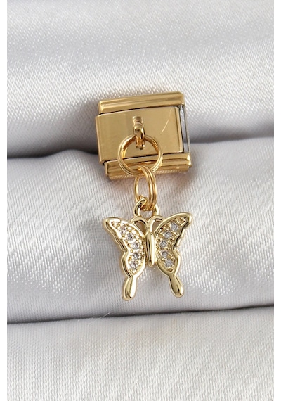 Mey İthalat 316l Çelik Sallantılı Zirkon Taşlı Kelebek Model Gold Renk Nomination Charm Çok Renkli
