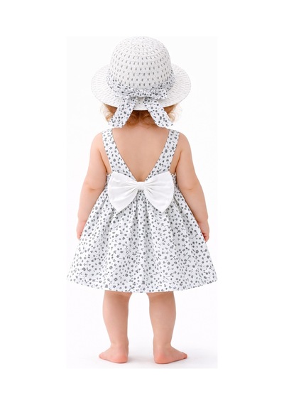 Chicsy Baby Kız Bebek Çiçek Desenli Yazlık Elbise Şapkalı Sırt Dekolteli Fiyonk Detaylı Haki