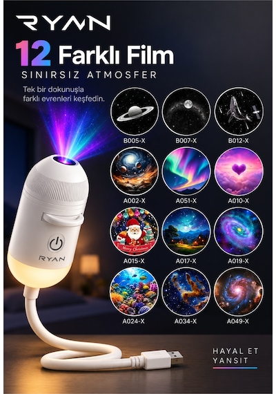 Usb Galaksi Projektör Led Gece Lambası 360 Ayarlanabilir 12 Filmli 2 Si 1 Arada Ambiyans Işık Beyaz