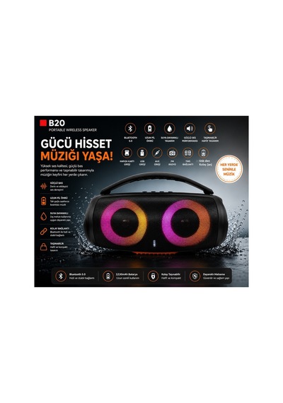 B20 Bluetooth Hoparlör Usb Ve Hafıza Kartı Girişli Fm Radyolu Şarjlı Taşınabilir Kablosuz Speaker Mp3 Çalar Tüm Cihazlara Uyumlu