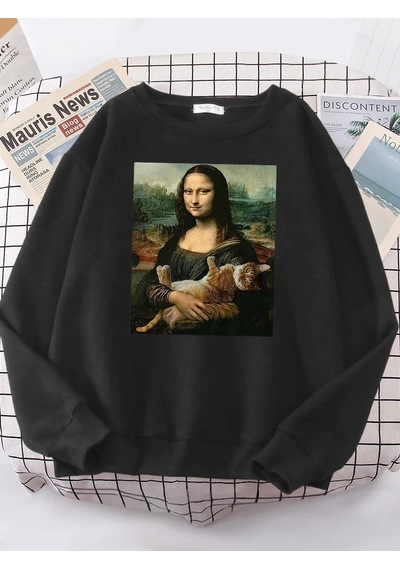 Startmore T Shirt Mona Lisa Sarılma Kedi Kawaii Kadın Hoodies Moda Rahat Hoodie Boy Gevşek Tişörtü Sıca Siyah