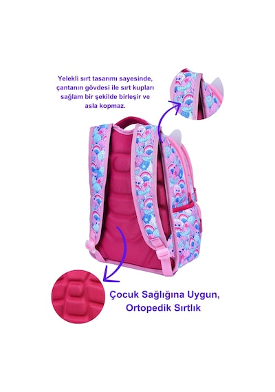 Pembe Kedi Baskılı, Su Geçirmez, Ortopedik Sırt Özellikli İlkokul