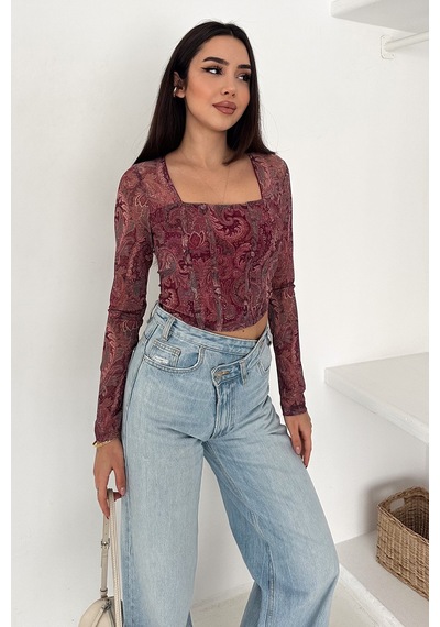 Noa & Noa Kadın Paisley Desenli Kare Yaka Bluz Rust Bloom bordo