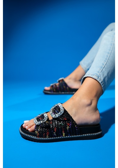 Luvishoes Dungeon Siyah Renkli Tüvit Çift Bantlı Taş Tokalı Kadın Terlik Siyah