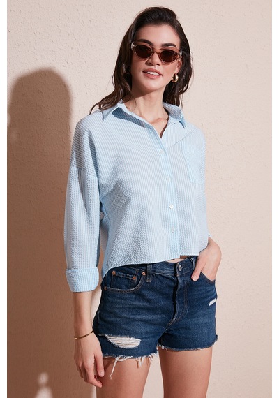 Lela Regular Fit Çizgili Göğüs Cepli Dokulu Bayan Gömlek 6772870 Bebe Mavi