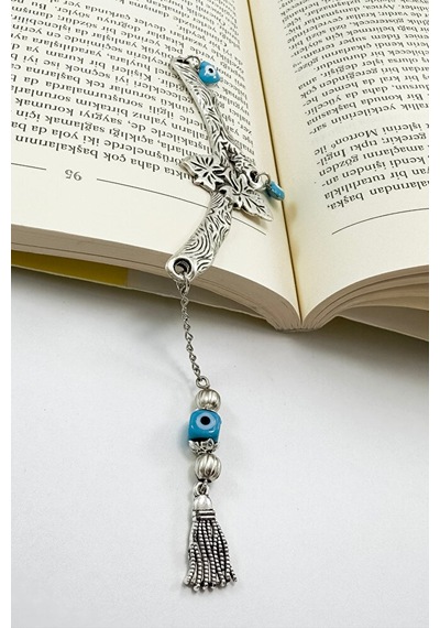 El Yapımı Cam Nazar Boncuğu Metal Yapraklı Dal Kitap Ayracı, Hedi