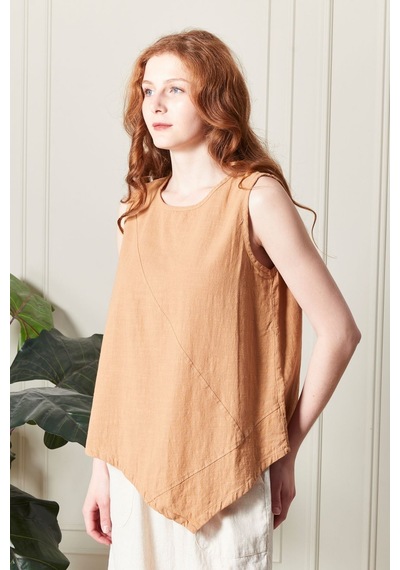 Asimetrik Kesim Keten Bluz, Parçalı Tasarım CAMEL