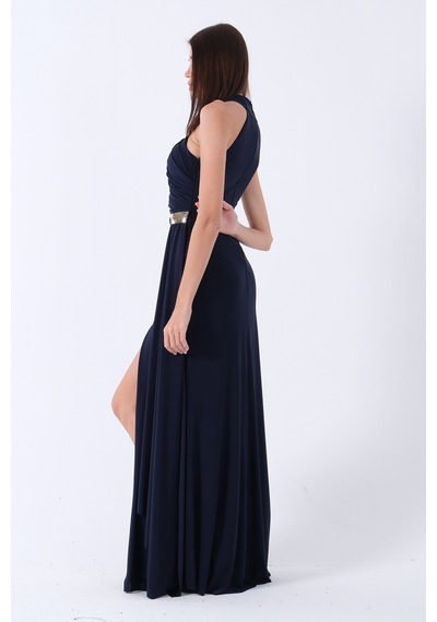 Feminist Lacivert Halter Yaka Drapeli Beli Gold Toka Detaylı Straplez Abiye 9705862