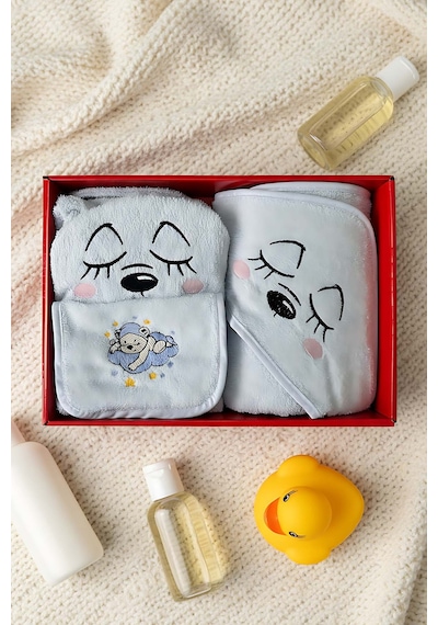 Bear Mavi %100 Pamuk Bebek Banyo Seti 0 - 24 Ay