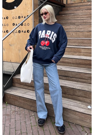 Lacivert Bisiklet Yaka Basic Sweatshirt Mg2233