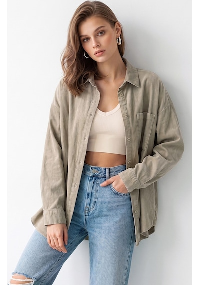 Mixray 4963 Kadın Tencel Kumaş Oversize Cepli Uzun Kollu Gömlek Vizon