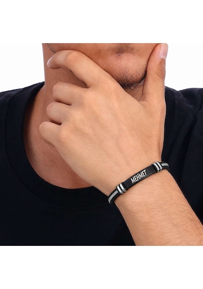 Kişiye Isim Yazılı Zincir-Çelik-Deri Kombinli Bileklik Çok Renkli