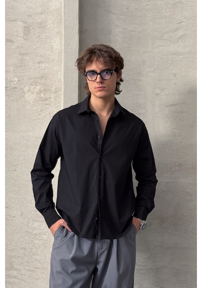 Erkek Oversize Pamuklu Poplin Gömlek Siyah