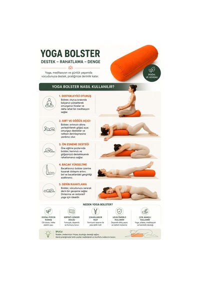 Yoga Bolster Organik Poplin Kumaş Kırpıntı Sünger Dolgulu Meditasyon Yastığı Pilates Destek Minderi 65x22 Cm Turuncu