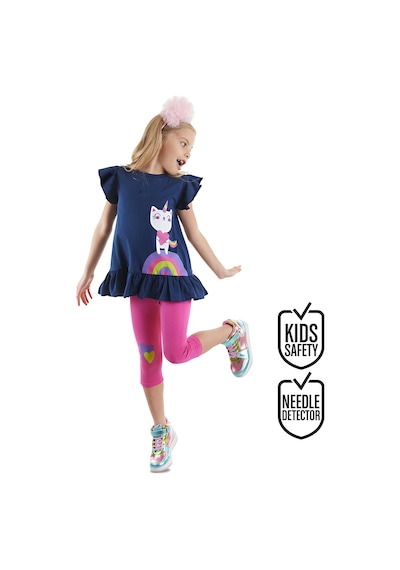 Lacivert Pembe Unicorn Kedi Fırfırlı Kız Çocuk Yazlık T-shirt Tayt Takım