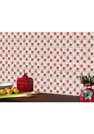 Tink Kendinden Yapışkanlı Kırmızı Çiçek Desenli Pvc Karo 10x10 Cm 20'li Paket Diğer