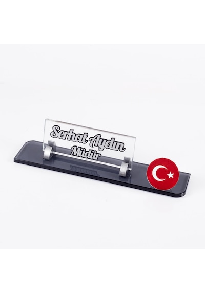 Ofistike Türk Bayrağı Logolu Gümüş Maydos Masa İsimliği
