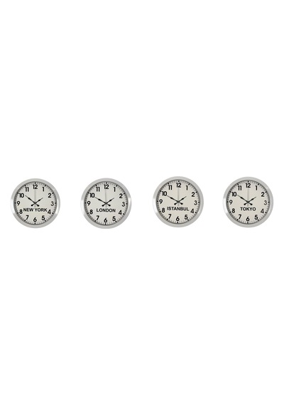 Beyaz Premium Set 4 Lü Metal 36 Cm Dünya Duvar Saatleri Siyah