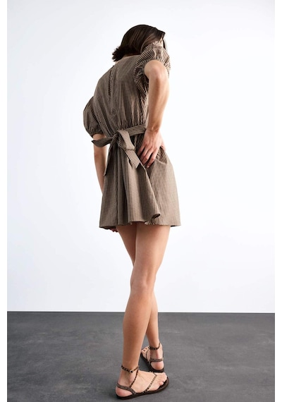 Defacto Fitted Kareli Poplin Kısa Kollu Mini Elbise F9944ax25smbn306 Kahve