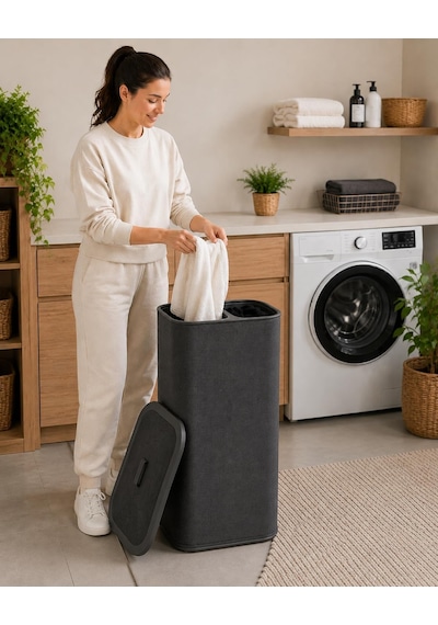 90 Litre İki Bölmeli Kirli Çamaşır Sepeti Çıkarılabilir Astarlı Kapaklı Katlanabilir Çamaşır Sepeti Laundry Basket Büyük Boy Çamaşırlık Organizer Gri Çok Renkli