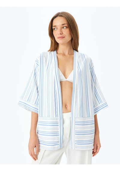 Koton Viskon Karışımlı Cepli 3/4 Geniş Kol Çizgili Kimono Mavi Çizgili 5sak50067uw Mavi