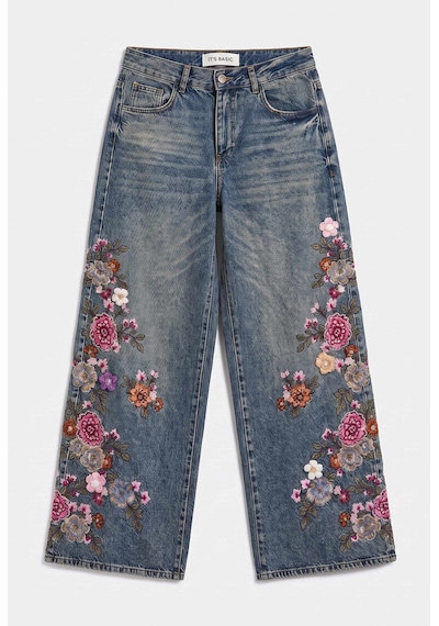 Kadın Kot Renk 4w6-8 Palazzo Fit Nakış Ve 3d Gül Detaylı Özel Tasarım Denim Jean