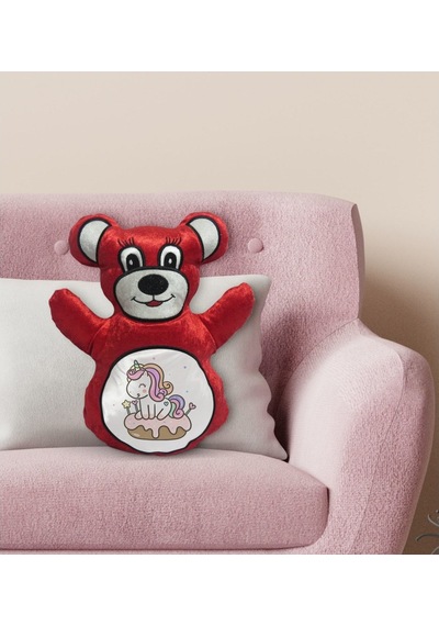 Bk Gift Sevimli Unicorn Tasarımlı Kırmızı Ayıcık Yastık-1