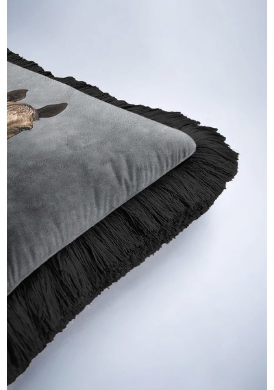 Avangart Portre Lüx Saçaklı Yastık Kılıfı-elegan Hayvan Figürü Gri Modern Püsküllü Kırlent Kılıfı Çok Renkli