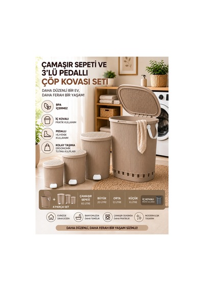 Premıum Kanal Tasarım Çamaşır Sepeti Ve Pedallı Çöp Kovası Seti 65l, 20l, 13l, 8l - Hava Akışlı Tasarım, Soft-close Kapak Bej - 909315802 Bej Premıum Kanal Tasarım Çamaşır Sepeti Ve Pedallı Çöp Kovası Seti 65l, 20l, 13l, 8l - Hava Akışlı Tasarım, Soft-close Kapak Bej - 909315802 Bej