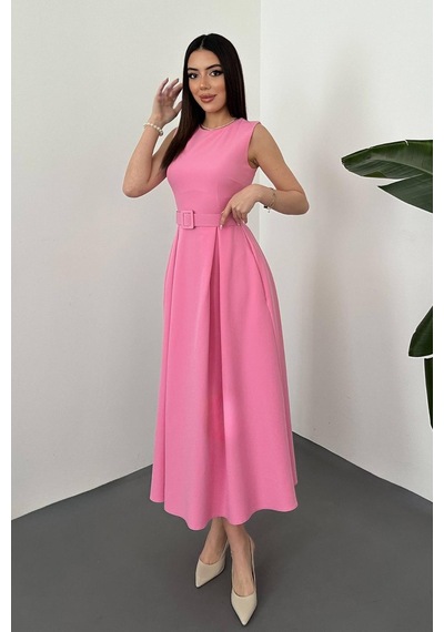 Duygudan Pembe Halter Yaka Kloş Elbise - Pembe Çok Renkli