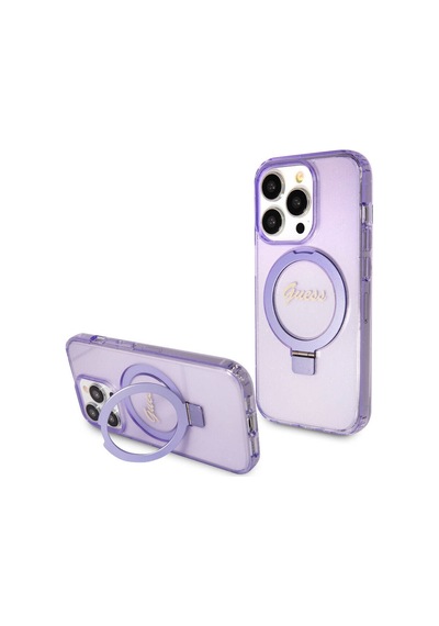 Apple Uyumlu iPhone 15 Pro Kılıf Guess Lisanslı Magsafe Özellikli Simli Ring Standlı