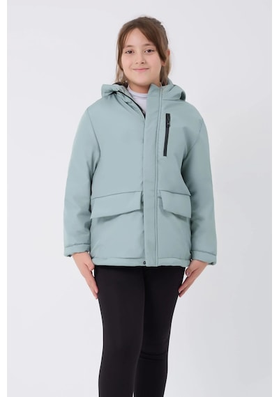 Kız Çocuk Kürklü Su Ve Rüzgar Geçirmez Kapüşonlu 3 Cep Kışlık Mont & Kaban & Parka-69 Mint Yeşili