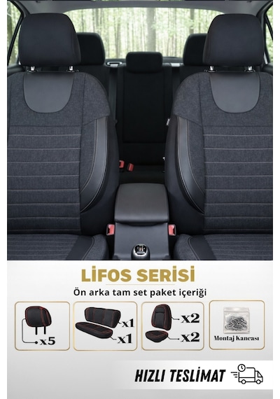 Lifos Hafif Ticari Serisi Koton Kumaş Oto Koltuk Kılıfı Tam Set Berlıngo-caddy-connect-courıer-doblo-dokker-partner Siyah-Gri