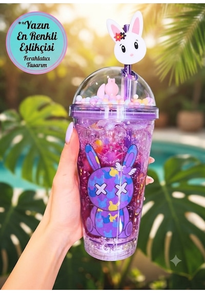 Led Işıklı Pipetli Kawaii Chibi Sevimli Tavşan Figürlü Çift Katmanlı İçecek Bardağı Suluk 450 Ml Mor